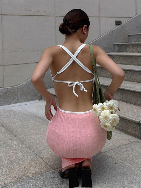 Pink Knit Backless  Dresses