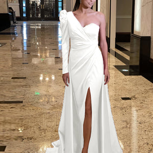 White Satin long slit, one-shoulder banquet Dress