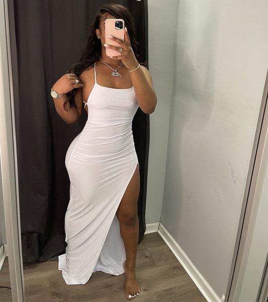 White Backless High Split Maxi Dress