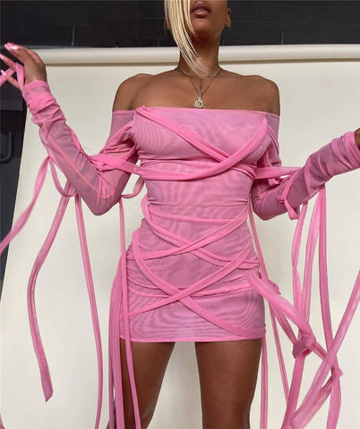 Pink Sheer Bandage Dress