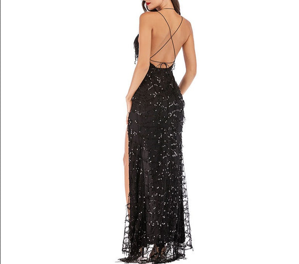 Black Backless Sequin Dress