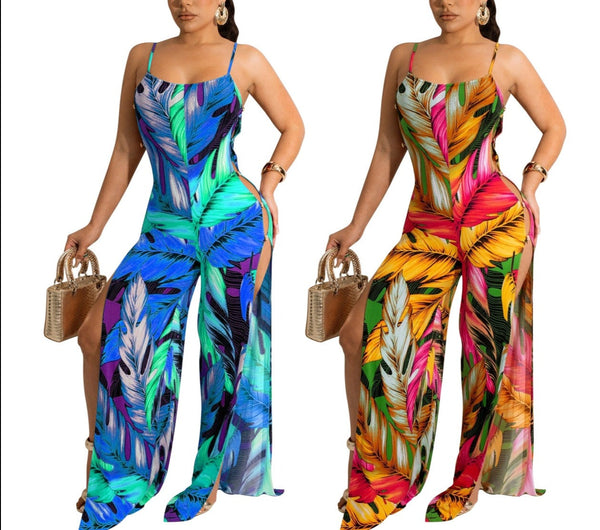 Blue Tropical Printed Jumpsuits.