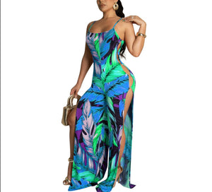 Blue Tropical Printed Jumpsuits.