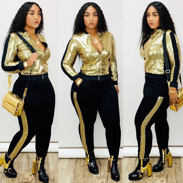 Sequin 2 Piece Set Tracksuit Streetwear Sparkly Matching Sets Club Outfits
