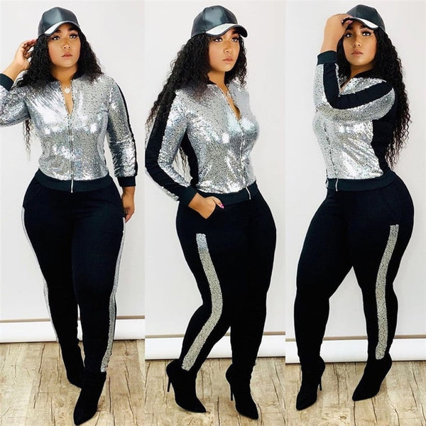 Sequin 2 Piece Set Tracksuit Streetwear Sparkly Matching Sets Club Outfits