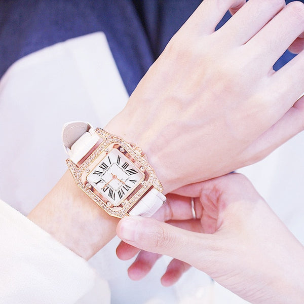 Diamond  Leather Band Quartz Wristwatch