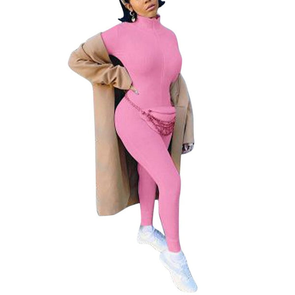 Pink Turtleneck Knit Rib Bodycon Jumpsuit.