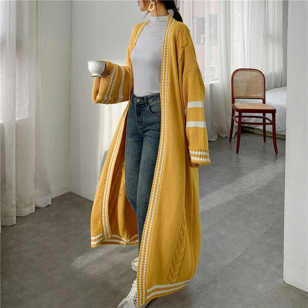 Long Style Striped Yellow Cardigan.