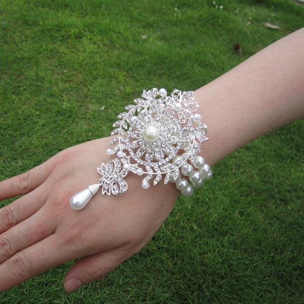 Kyunovia Prom Hand Corsage Pearl Bracelet jewelled crystal bling wedding bracelet.