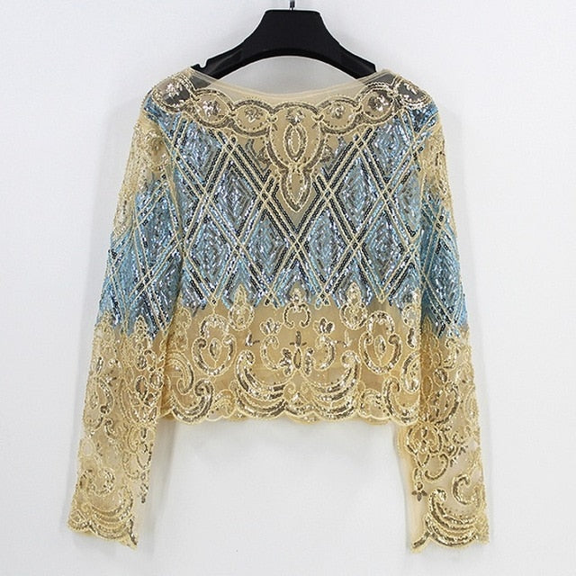 Embroidered Lace Mesh Sequined Beaded Top.