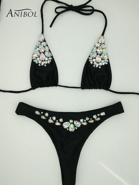 Crystal Rhinestone Bikini  Halter Swimsuit.