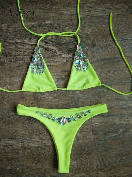 Crystal Rhinestone Bikini  Halter Swimsuit.