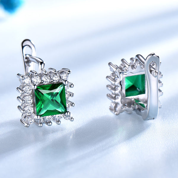 UMCHO Luxury Vintage Green Emerald Clip Earrings For Women Solid 925 Sterling Silver Jewellery.