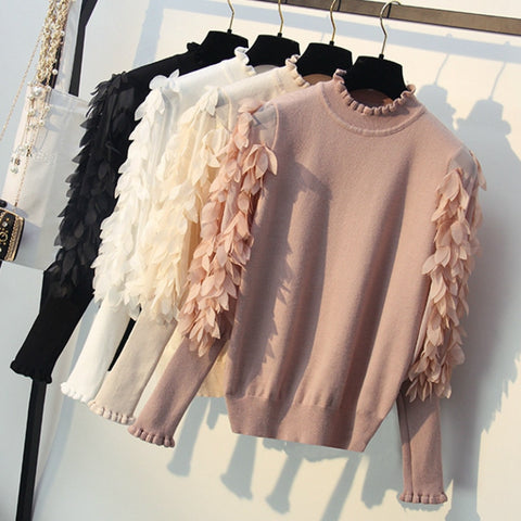 Stand Ruffled Collar Knitted Women Sweaters.