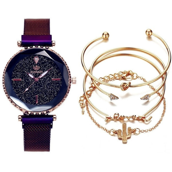 5pc/set Luxury Brand Women Watches Starry Sky Magnet Watch.